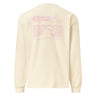 Back view of an longsleeve in beige. The design includes stylized text at the top reading ‘ODES As I’ve Written’ with a small decorative image beside it. Below this header, a grid-like arrangement lists words in Roman numeral order, such as ‘WORLD,’ ‘ROMANCE,’ ‘PASSAGE,’ ‘OCEAN,’ ‘DEATH,’ ‘SKY,’ ‘TIME,’ ‘EARTH,’ ‘TRICKERY,’ ‘LAW,’ ‘REASON,’ and ‘STRIFE.’ The typography mixes serif and decorative styles, giving the shirt a poetic, vintage-inspired aesthetic.