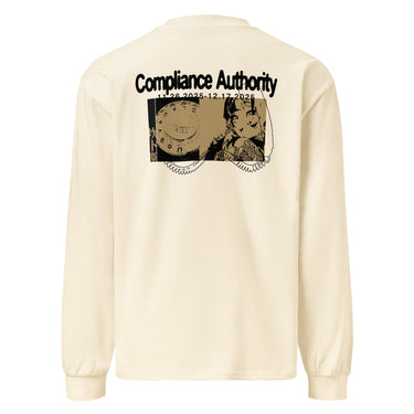 Back view of an longsleeve in beige. A large graphic composition spans the upper back, featuring the phrase “Compliance Authority” in bold at the top, with a date range centered beneath it. Below, a rectangular collage combines a textured illustration of a dial-like object and a stylized figure, framed by vertical bars with additional characters. Thin linework of symmetrical wings extends outward from the bottom edge of the collage, adding contrast to the overall layered design.