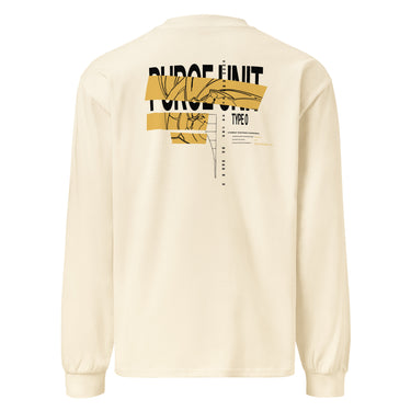 Back view of an longsleeve in beige. A large graphic composition spans the upper back, dominated by the phrase “PURGE UNIT” in bold white uppercase text. Horizontal gold bands cut across the lettering, partially obscuring it while revealing fine black line illustrations that resemble a mechanical robot. To the right of the main composition, smaller text reads “TYPE 0,” accompanied by a vertical column of numbers arranged like a technical index.