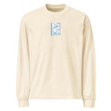 Front view of an longsleeve in white. Design is a bitmapped illustration of Seed from Zenless Zone Zero, in a small centered rectangular graphic on the chest. The graphic is composed of light tones.