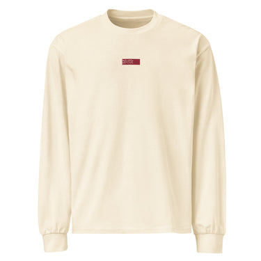 Front view of an longsleeve in white. Design is a small, embroidered red patch on the left chest featuring the white line art of an Astral Express ticket from Honkai: Star Rail.