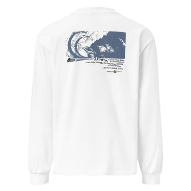 Back view of an longsleeve in white. Design is a large back graphic featuring a silouhette, line lined illustration with a caprinae like silhouette overlaid on the right side. Below the main graphic is a numbered list of phrases including "Late-Night Hours," "Secret Friend," "The Best Partner," and "The Never Ending Journey," followed by the words "FAIRYTALES & ETHEREALS" at the bottom.