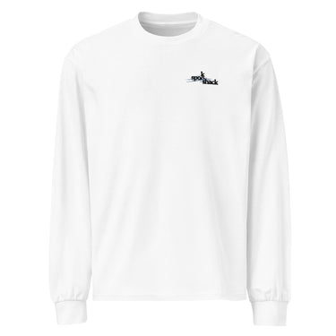 Front view of an longsleeve in white. Design features a small logo on the upper chest featuring the words "spook shack" in a stacked, stylized font, with abstract horizontal brush strokes layered behind the text.