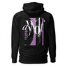 Back view of a Hoodie in Black. Large expressive brush-script lettering reading "aWolf" spans the upper back, layered over a color-blocked stripe panel with fine linework illustration behind it. Beside it, a small graffiti-style character mark for "终焉" (Finality) sits next to vertical HUD-style readout text: "LOGIN SUCCESSFUL," "NO PATCH NOTES >>," and "INPUT FINALIZED..."