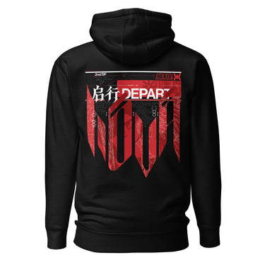 Back view of a hoodie in black. A large HUD-style graphic dominates the upper back, pairing a bold 'DEPART' wordmark with the stacked characters '启行' above a jagged red banner shaped like a torn transit map, its silhouette faintly tracing a figure's profile. Dense micro-typography runs down both sides in vertical blocks of English verse about starlight and a dead sun, framed by sunburst icons, a small red stamp reading '旅未终,' and a technical grid header labeled '2nd/SP.'