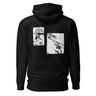 Back view of a hoodie in black. A large two-panel composition fills the back. On the left, a halftoned portrait with a solid black bar across the eyes; to the right, a wider panel of sweeping feathers in heavy contrast. The words "pas" and "d'aveu" float above them in a fine serif, the letters spaced apart and drifting.