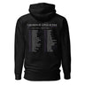 Back view of a hoodie in black. A large graphic fills the upper back, laid out like a concert tour poster. A wide display serif title reads "VARIATIONS OF A STELLAR TOUR" in white, with a small italic "robin" and "/summeretto" tucked beneath it and a ruled row of four era markers below that. Two columns of dated stops run down the rest in condensed capitals, the dates set in violet, with thin outlined starbursts drifting across the list.