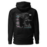 Back view of a hoodie in Black. A large collaged graphic fills the back: a ruled record card labelled "ONI BLOOD", "NAME" and "POSITION AND RANK" in small white capitals, its name line filled in with pink Japanese characters over a faint column of typewritten Latin plant names struck through with pink and teal highlighter bars. Beside it, an expressive white line drawing of a figure with a long bladed polearm sits over halftone shading and translucent dark panels.