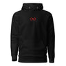 Front view of a hoodie in black. A small red infinity-loop motif sits at the center chest as the only graphic — minimalist and restrained, with bold color contrast against the dark fabric.
