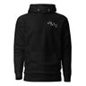Front view of a hoodie in black. A small left-chest graphic reads 'SOLA EGO' in a high-contrast serif, split across two lines, with two four-pointed star accents in dusty pink flanking the type.
