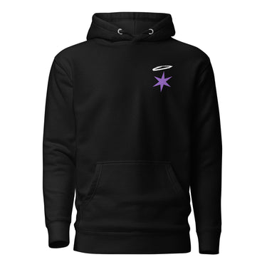 Front view of a hoodie in black. A small graphic sits high on the left chest: a loose, hand-drawn halo ring in white tilted above a sharp six-pointed star in soft violet. Both shapes print flat, the ring's brushed edges left rough and unfinished.