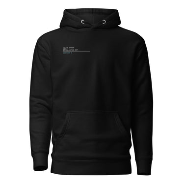 Front view of a hoodie in Black. A small block of type sits high on the chest: three lines of white monospaced capitals reading "HOLLOW AFFAIRS AND NEUTRALIZATION DEPT." above a thin white rule, with "SECTION 6" set beneath it in muted teal.