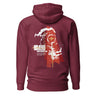 Back view of a Hoodie in Maroon. a large back graphic centered on a jagged, torn-map style emblem in white with a glowing star burst at its center, layered over angled orange-red geometric panels resembling sail or flag fragments, alongside a bold two-line wordmark, a short block of descriptive text, and a smaller diagonal wordmark near the hem