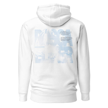 Back view of a hoodie in white. Oversized stacked lettering spelling "ROSCAELIFER" fills the upper back, the letterforms knocked out of a pale blue cloudscape. A numbered index runs alongside it in small grey type, from "01 ORDER" through "06 EXECUTIVE", with fine print reading "a porcelain standard" and "case status: open". An airy, editorial, graphic-forward layout.
