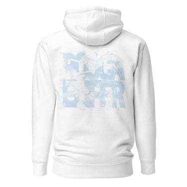 Back view of a hoodie in white. A large square collage in pale sky blue layers oversized fragmented lettering over clouds, handwritten script and geometric diagram lines. Numbered index strips read 'Total Unity', 'Genius-Villain Paradox' and 'Chain of Genesis', with smaller labels for 'experiment log' and 'tech status: unstable'. A thin border frames the panel, with the name set vertically down the left edge.