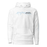 Front view of a hoodie in white. A stylized wordmark across the chest paired with a small emblem-style logo, layered over faint scratchy handwritten script, with a single legible line reading 'the rays of the sun warms me so' beneath it.