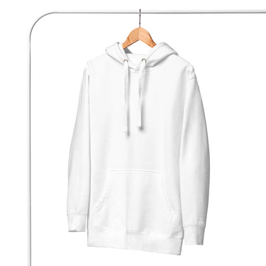 Front view of a hoodie in white. Left plain with no print on the front, the graphic sits entirely on the back of the garment.
