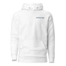 Front view of a hoodie in white. A small right-chest graphic in slate grey and pale blue reads 'External' above 'STRATEGY DEPT.', with 'Chief Tech' beneath, set in condensed technical type flanked by tiny aircraft glyphs.