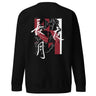Back view of an sweatshirt in black. HSR Evernight inspired design, featuring overlapping abstract linework in white, intersecting with solid block shapes in muted red and neutral tones. Bold calligraphic characters (長月夜) in traditional Chinese/Japanese kanji are placed prominently across the center, contrasting with the structured geometric background. 