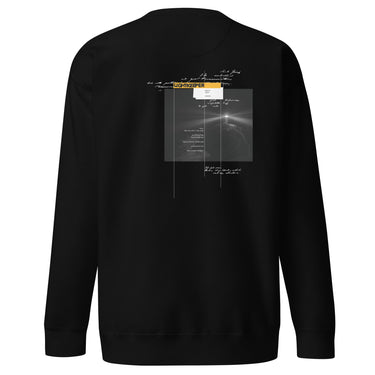 Back view of an sweatshirt in black. Design shows a rectangular grayscale graphic centered on the upper back showing a lighthouse shining into darkness. Above the image is a yellow label reading “LIGHTKEEPER,” surrounded by thin white grid lines and handwritten script text for a technical, conceptual design aesthetic