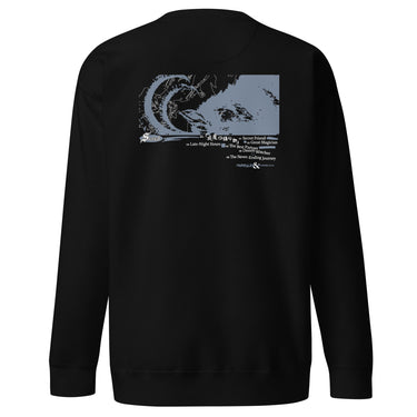 Back view of an sweatshirt in black. Design is a large back graphic featuring a silouhette, line lined illustration with a caprinae like silhouette overlaid on the right side. Below the main graphic is a numbered list of phrases including "Late-Night Hours," "Secret Friend," "The Best Partner," and "The Never Ending Journey," followed by the words "FAIRYTALES & ETHEREALS" at the bottom.