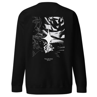 Back view of an sweatshirt in black. The design showcases a large, intricate graphic centered on the upper back. A radiant, four-point star form sits in the middle, surrounded by fragmented abstract shapes, and faint technical linework. Scattered numbers and coordinates appear along the right side, adding a coded, data-driven atmosphere. At the bottom of the composition, serif text reads “Verse & Vow,” followed by the word “genesis” in delicate handwritten script.