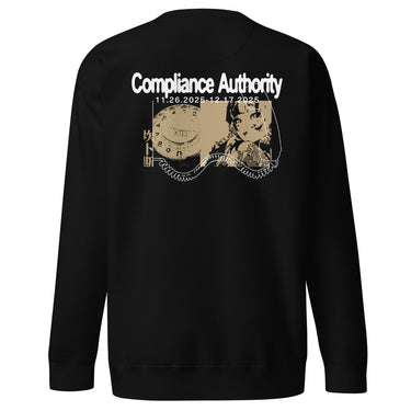 Back view of an sweatshirt in black. A large graphic composition spans the upper back, featuring the phrase “Compliance Authority” in bold at the top, with a date range centered beneath it. Below, a rectangular collage combines a textured illustration of a dial-like object and a stylized figure, framed by vertical bars with additional characters. Thin linework of symmetrical wings extends outward from the bottom edge of the collage, adding contrast to the overall layered design.