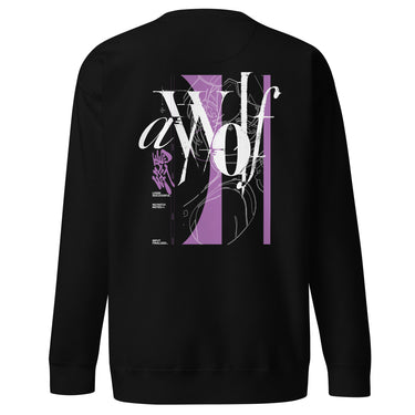 Back view of a Sweatshirt in Black. Large expressive brush-script lettering reading "aWolf" spans the upper back, layered over a color-blocked stripe panel with fine linework illustration behind it. Beside it, a small graffiti-style character mark for "终焉" (Finality) sits next to vertical HUD-style readout text: "LOGIN SUCCESSFUL," "NO PATCH NOTES >>," and "INPUT FINALIZED..."