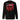 Back view of a sweatshirt in black. A large HUD-style graphic dominates the upper back, pairing a bold 'DEPART' wordmark with the stacked characters '启行' above a jagged red banner shaped like a torn transit map, its silhouette faintly tracing a figure's profile. Dense micro-typography runs down both sides in vertical blocks of English verse about starlight and a dead sun, framed by sunburst icons, a small red stamp reading '旅未终,' and a technical grid header labeled '2nd/SP.'