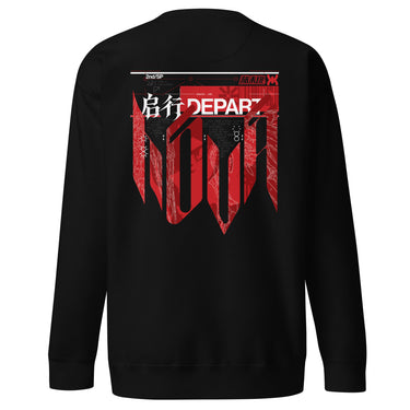 Back view of a sweatshirt in black. A large HUD-style graphic dominates the upper back, pairing a bold 'DEPART' wordmark with the stacked characters '启行' above a jagged red banner shaped like a torn transit map, its silhouette faintly tracing a figure's profile. Dense micro-typography runs down both sides in vertical blocks of English verse about starlight and a dead sun, framed by sunburst icons, a small red stamp reading '旅未终,' and a technical grid header labeled '2nd/SP.'