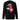Back view of a Sweatshirt in Black. a large back graphic centered on a jagged, torn-map style emblem in white with a glowing star burst at its center, layered over angled orange-red geometric panels resembling sail or flag fragments, alongside a bold two-line wordmark, a short block of descriptive text, and a smaller diagonal wordmark near the hem