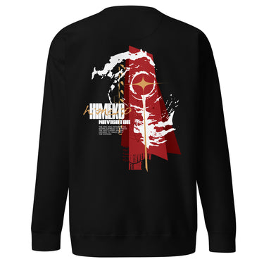Back view of a Sweatshirt in Black. a large back graphic centered on a jagged, torn-map style emblem in white with a glowing star burst at its center, layered over angled orange-red geometric panels resembling sail or flag fragments, alongside a bold two-line wordmark, a short block of descriptive text, and a smaller diagonal wordmark near the hem