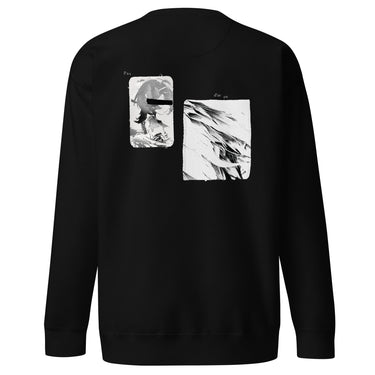 Back view of a sweatshirt in black. A large two-panel composition fills the back. On the left, a halftoned portrait with a solid black bar across the eyes; to the right, a wider panel of sweeping feathers in heavy contrast. The words "pas" and "d'aveu" float above them in a fine serif, the letters spaced apart and drifting.