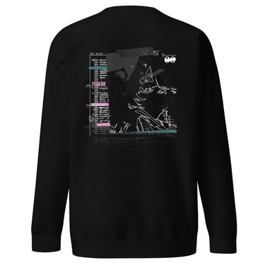 Back view of a sweatshirt in Black. A large collaged graphic fills the back: a ruled record card labelled "ONI BLOOD", "NAME" and "POSITION AND RANK" in small white capitals, its name line filled in with pink Japanese characters over a faint column of typewritten Latin plant names struck through with pink and teal highlighter bars. Beside it, an expressive white line drawing of a figure with a long bladed polearm sits over halftone shading and translucent dark panels.
