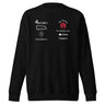 Front view of a sweatshirt in black. A graphic-forward arrangement of stylized sponsor-style logos fills the upper chest in two columns — featuring marks reading "ENCORE X," "the Tavern," "PUNCHLINE Tuning," "blocked. media management," "lies & palette Co.," "144," and "Engage," alongside a circular flame emblem. White and deep crimson on black.
