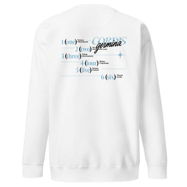 Back view of an sweatshirt in white. Design is a structured typographic design across the upper back. The composition features a numbered sequence from one to six, each paired with Latin or pseudo-Latin text. The layout is horizontal with thin dividing lines and varied type treatments, creating a grid-like visual system.