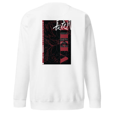 Back view of an sweatshirt in white. Design features a large vertical graphic inspired by Honkai: Star Rail. The design includes line art of a character's silhouette, with text for "Evernight" in Chinese/Kanji (長夜月), and additional text elements.