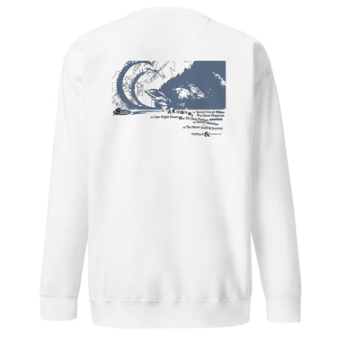 Back view of an sweatshirt in white. Design is a large back graphic featuring a silouhette, line lined illustration with a caprinae like silhouette overlaid on the right side. Below the main graphic is a numbered list of phrases including "Late-Night Hours," "Secret Friend," "The Best Partner," and "The Never Ending Journey," followed by the words "FAIRYTALES & ETHEREALS" at the bottom.
