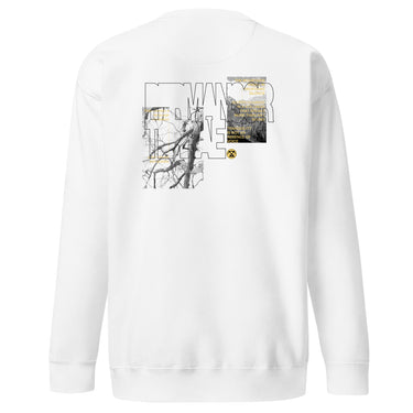 Back view of an sweatshirt in white. Main portion of the design features a large, more abstractesque text across the upper back, writing "Permansor Terrae." The design includes large, black-outlined letters, overlaid with a black and white illustration of bare tree branches on the left and a bitmapped image of a mountain range filled with yellow text on the right, accented with distressed gold textures.
