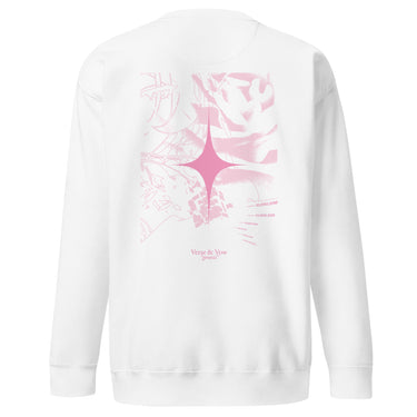 Back view of an sweatshirt in white. The design showcases a large, intricate graphic centered on the upper back. A radiant, four-point star form sits in the middle, surrounded by fragmented abstract shapes, and faint technical linework. Scattered numbers and coordinates appear along the right side, adding a coded, data-driven atmosphere. At the bottom of the composition, serif text reads “Verse & Vow,” followed by the word “genesis” in delicate handwritten script.