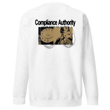 Back view of an sweatshirt in white. A large graphic composition spans the upper back, featuring the phrase “Compliance Authority” in bold at the top, with a date range centered beneath it. Below, a rectangular collage combines a textured illustration of a dial-like object and a stylized figure, framed by vertical bars with additional characters. Thin linework of symmetrical wings extends outward from the bottom edge of the collage, adding contrast to the overall layered design.
