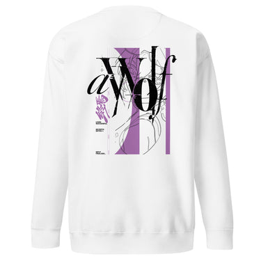 Back view of a Sweatshirt in White. Large expressive brush-script lettering reading "aWolf" spans the upper back, layered over a color-blocked stripe panel with fine linework illustration behind it. Beside it, a small graffiti-style character mark for "终焉" (Finality) sits next to vertical HUD-style readout text: "LOGIN SUCCESSFUL," "NO PATCH NOTES >>," and "INPUT FINALIZED..."