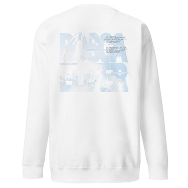 Back view of a sweatshirt in white. Oversized stacked lettering spelling "ROSCAELIFER" fills the upper back, the letterforms knocked out of a pale blue cloudscape. A numbered index runs alongside it in small grey type, from "01 ORDER" through "06 EXECUTIVE", with fine print reading "a porcelain standard" and "case status: open". An airy, editorial, graphic-forward layout.