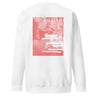 Back view of a sweatshirt in white. A large coral pink poster panel fills the upper back, printed with a stylized winged figure in soft tonal linework set against a bank of clouds. Horizontal white bars redact most of the text, leaving the words "she, who silences the ether" legible between them, with faint handwritten script and a small circular seal layered underneath. An expressive, editorial, graphic-forward composition.