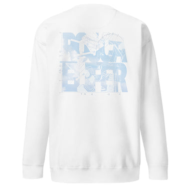 Back view of a sweatshirt in white. A large square collage in pale sky blue layers oversized fragmented lettering over clouds, handwritten script and geometric diagram lines. Numbered index strips read 'Total Unity', 'Genius-Villain Paradox' and 'Chain of Genesis', with smaller labels for 'experiment log' and 'tech status: unstable'. A thin border frames the panel, with the name set vertically down the left edge.