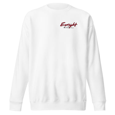 Front view of an sweatshirt in white. Star Rail Evernight design showing a small red graphic on the left chest. The graphic features the word “Evernight” in a handwritten style above smaller text that reads “Slumber Now, O Wakeful World,” with a Chinese character for “Night.”