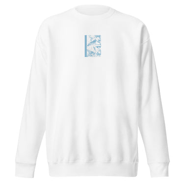Front view of an sweatshirt in white. Design is a bitmapped illustration of Seed from Zenless Zone Zero, in a small centered rectangular graphic on the chest. The graphic is composed of light tones.