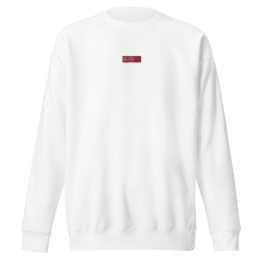Front view of an sweatshirt in white. Design is a small, embroidered red patch on the left chest featuring the white line art of an Astral Express ticket from Honkai: Star Rail.