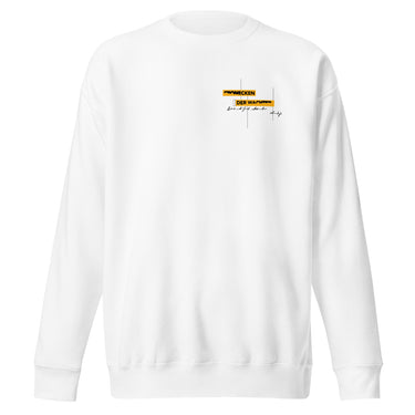 Front view of an sweatshirt in white. Design is positioned on the upper left chest. Design features a yellow rectangular label reading “CONNECKEN,” smaller text “DER WÄCHTER,” and fine white script lines and coordinates below it.
