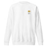 Front view of an sweatshirt in white. Design features a small graphic on the left chest. The graphic has the phrase "Pillar of Stone" stacked word on word in all caps. The word "Pillar" is highlighted in yellow.